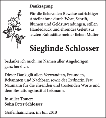 Traueranzeige von Sieglinde Schosser von WVG - Wochenspiegel Wittenberg