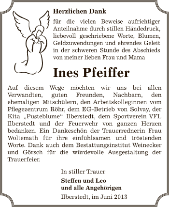 Traueranzeige von Ines Pfeiffer von Super Sonntag Bernburg