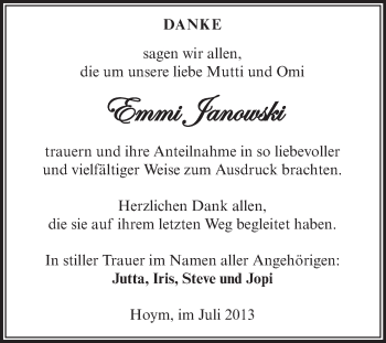 Traueranzeige von Emmi Janowski von WVG - Wochenspiegel Aschersleben
