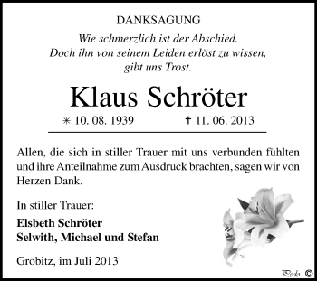 Traueranzeige von Klaus Schröter von WVG - Wochenspiegel NMB / WSF / ZTZ