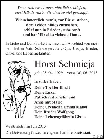 Traueranzeige von Horst Schmieja von WVG - Wochenspiegel NMB / WSF / ZTZ