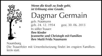 Traueranzeige von Dagmar Germain von WVG - Wochenspiegel NMB / WSF / ZTZ