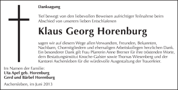 Traueranzeige von Klaus Georg Horenburg von WVG - Wochenspiegel Aschersleben