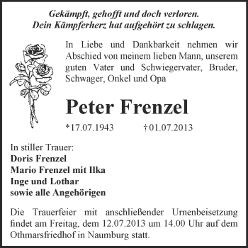 Traueranzeige von Peter Frenzel von WVG - Wochenspiegel NMB / WSF / ZTZ