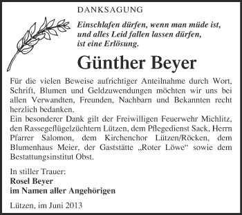 Traueranzeige von Günther Beyer von Super Sonntag Merseburg