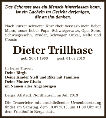 Traueranzeige von Dieter Trillhase von WVG - Wochenspiegel SGH