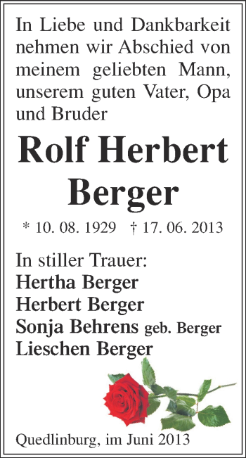 Traueranzeige von Rolf Herbert Berger von WVG - Wochenspiegel Quedlinburg