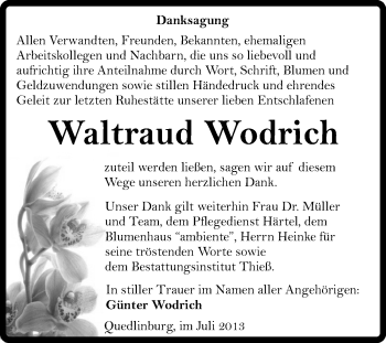 Traueranzeige von Waltraud Wodrich von Super Sonntag Quedlinburg
