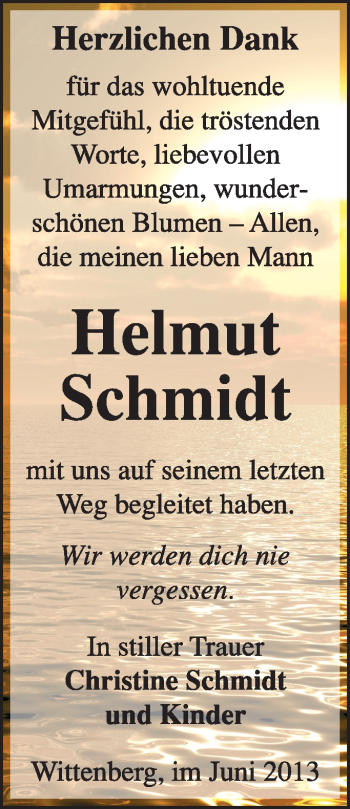 Traueranzeige von Helmut Schmidt von Super Sonntag Wittenberg