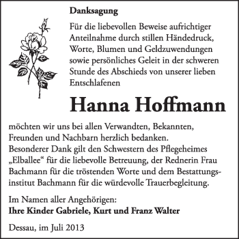 Traueranzeige von Hanna Hoffmann von Super Sonntag Dessau / Köthen