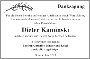Traueranzeige von Dieter Kaminski von WVG - Wochenspiegel NMB / WSF / ZTZ