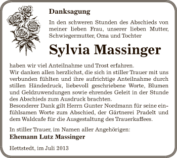Traueranzeige von Sylvia Massinger von Wochenspiegel Mansfelder Land