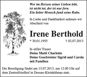 Traueranzeige von Irene Berthold von Super Sonntag Dessau / Köthen
