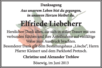 Traueranzeige von Elfriede Liebeherr von WVG - Wochenspiegel Wittenberg