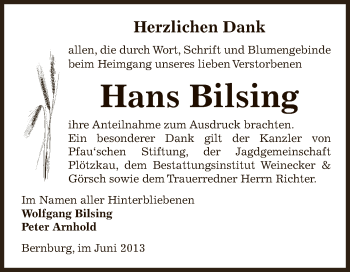 Traueranzeige von Hans Bilsing von Super Sonntag Bernburg