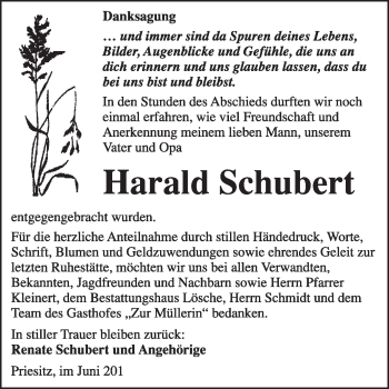 Traueranzeige von Harald Schubert von WVG - Wochenspiegel Wittenberg