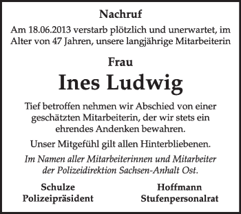 Traueranzeige von Ines Ludwig von Super Sonntag Dessau / Köthen