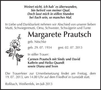 Traueranzeige von Margarete Prautsch von WVG - Wochenspiegel Merseburg