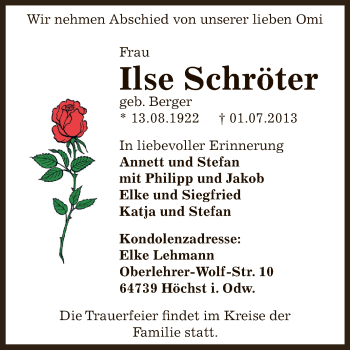 Traueranzeige von Ilse Schröter von Super Sonntag Zeitz