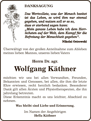 Traueranzeige von Wolfgang Käthner von Super Sonntag Bernburg