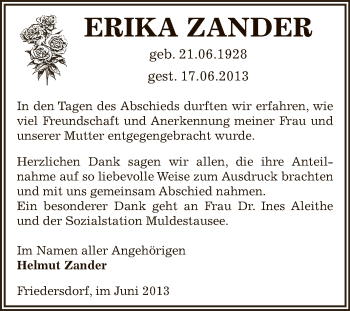 Traueranzeige von Erika Zander von WVG - Wochenspiegel Bitterfeld