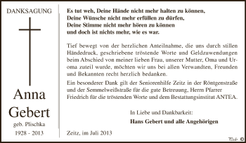 Traueranzeige von Anna Gebert von Super Sonntag Zeitz