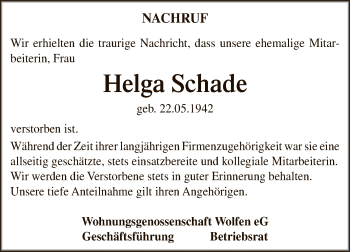 Traueranzeige von Helga Schade von WVG - Wochenspiegel Bitterfeld