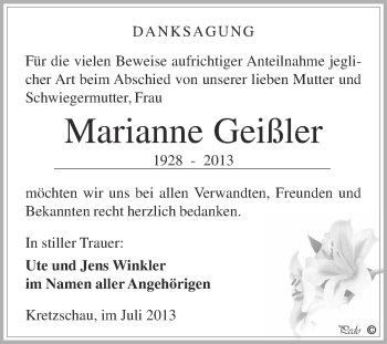 Traueranzeige von Marianne Geißler von Super Sonntag Zeitz
