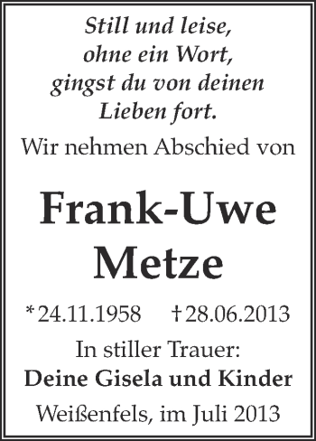 Traueranzeige von Frank-Uwe Metze von WVG - Wochenspiegel NMB / WSF / ZTZ