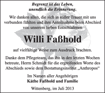 Traueranzeige von Willi Faßhold von Super Sonntag Wittenberg