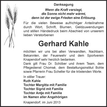 Traueranzeige von Gerhard Kahle von Super Sonntag Merseburg