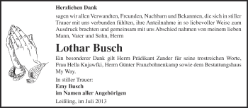 Traueranzeige von Lothar Busch von Super Sonntag Merseburg