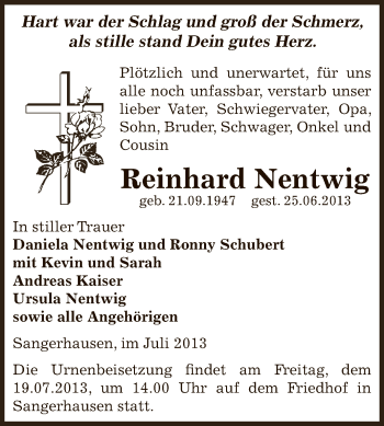 Traueranzeige von Reinhard Nentwig von WVG - Wochenspiegel SGH