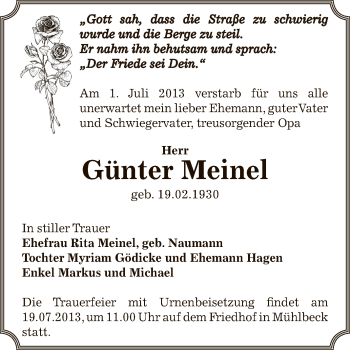 Traueranzeige von Günter Meinel von WVG - Wochenspiegel Bitterfeld