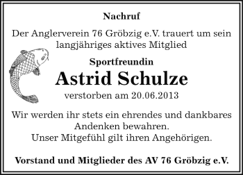Traueranzeige von Astrid Schulze von WVG - Wochenspiegel Dessau / Köthen