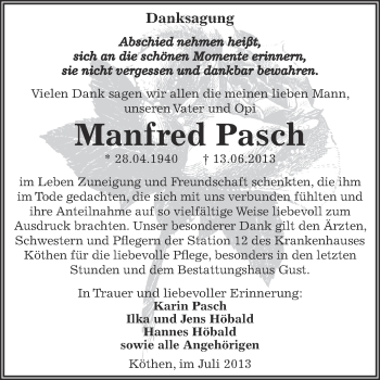 Traueranzeige von Manfred Pasch von WVG - Wochenspiegel Dessau / Köthen