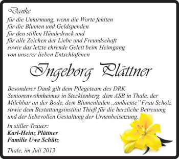Traueranzeige von Ingeborg Plättner von Super Sonntag Quedlinburg
