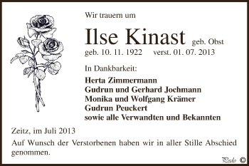 Traueranzeige von Ilse Kinast von Super Sonntag Zeitz