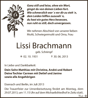 Traueranzeige von Lissi Brachmann von Super Sonntag Zeitz