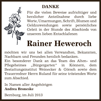 Traueranzeige von Rainer Heweroch von Super Sonntag Bernburg