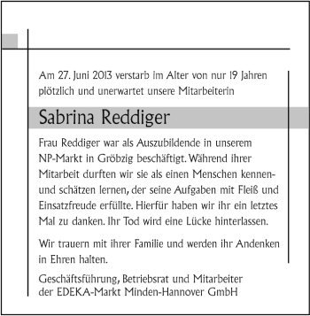 Traueranzeige von Sabrina Reddinger von WVG - Wochenspiegel Halle