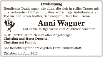 Traueranzeige von Anni Wagner von Wochenspiegel Mansfelder Land