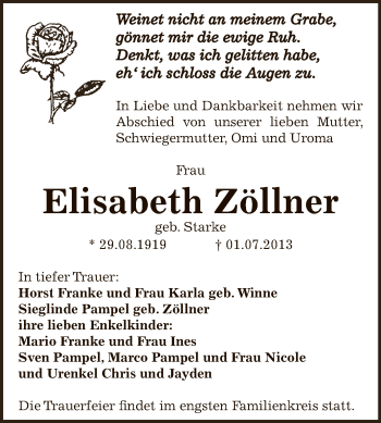 Traueranzeige von Elisabeth Zöllner von Super Sonntag Zeitz