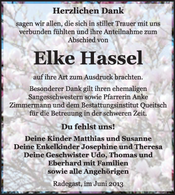 Traueranzeige von Elke Hassel von Super Sonntag Dessau / Köthen