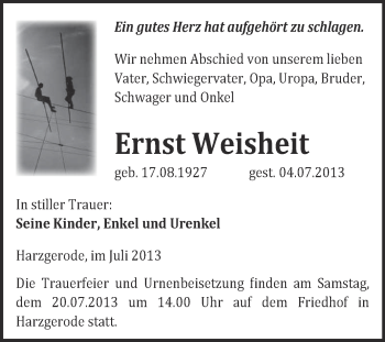 Traueranzeige von Ernst Weisheit von Super Sonntag Quedlinburg