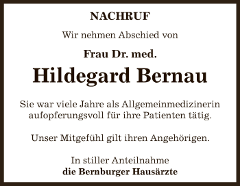 Traueranzeige von Hildegard Bernau von Super Sonntag Bernburg