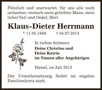 Traueranzeige von Klaus-Dieter Herrmann von Super Sonntag Zeitz