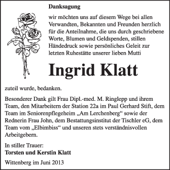 Traueranzeige von Ingrid Klatt von Super Sonntag Wittenberg