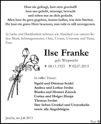 Traueranzeige von Ilse Franke von WVG - Wochenspiegel NMB / WSF / ZTZ