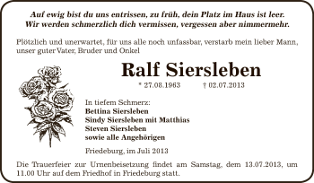 Traueranzeige von Ralf Siersleben von Wochenspiegel Mansfelder Land